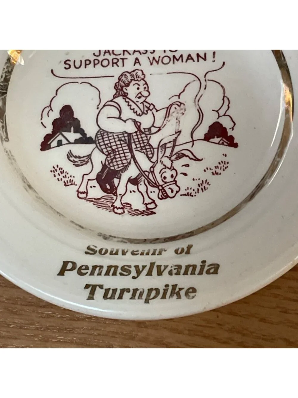 Vtg Pennsylvania Turnpike Souvenir Ceramic Ashtray w Adult Humor Donkey Woman